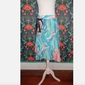 Kobi Halperin Luz Turquoise Pink Silk Knee Length Ruffle Flounce Skirt L